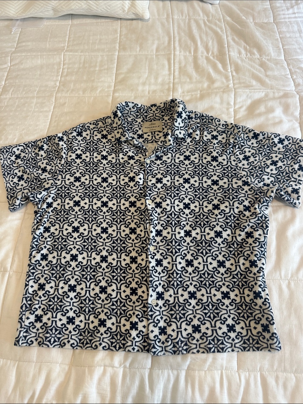Short-Sleeve Navy & White Geometric Button-Down Shirt